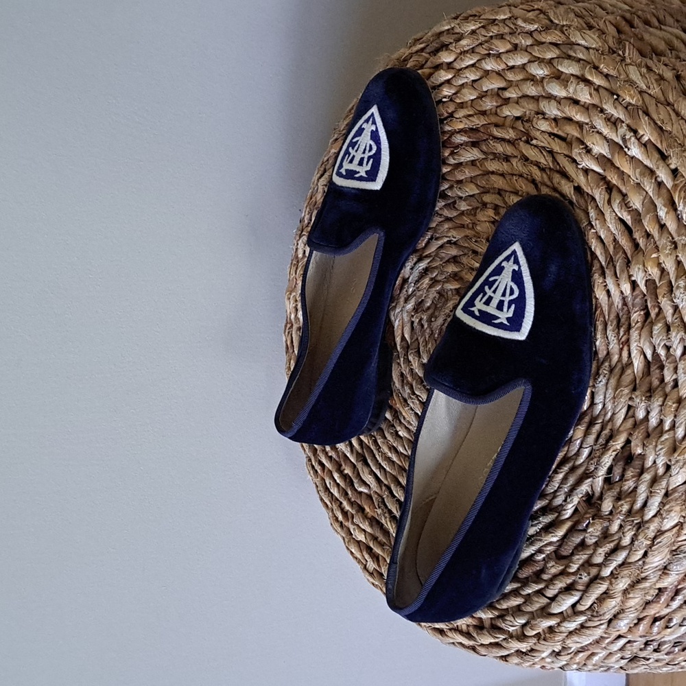 Stubbs & Wootton Womens Vedado Tennis Logo Navy Velvet‎ Smoking Loafers S-7.5
